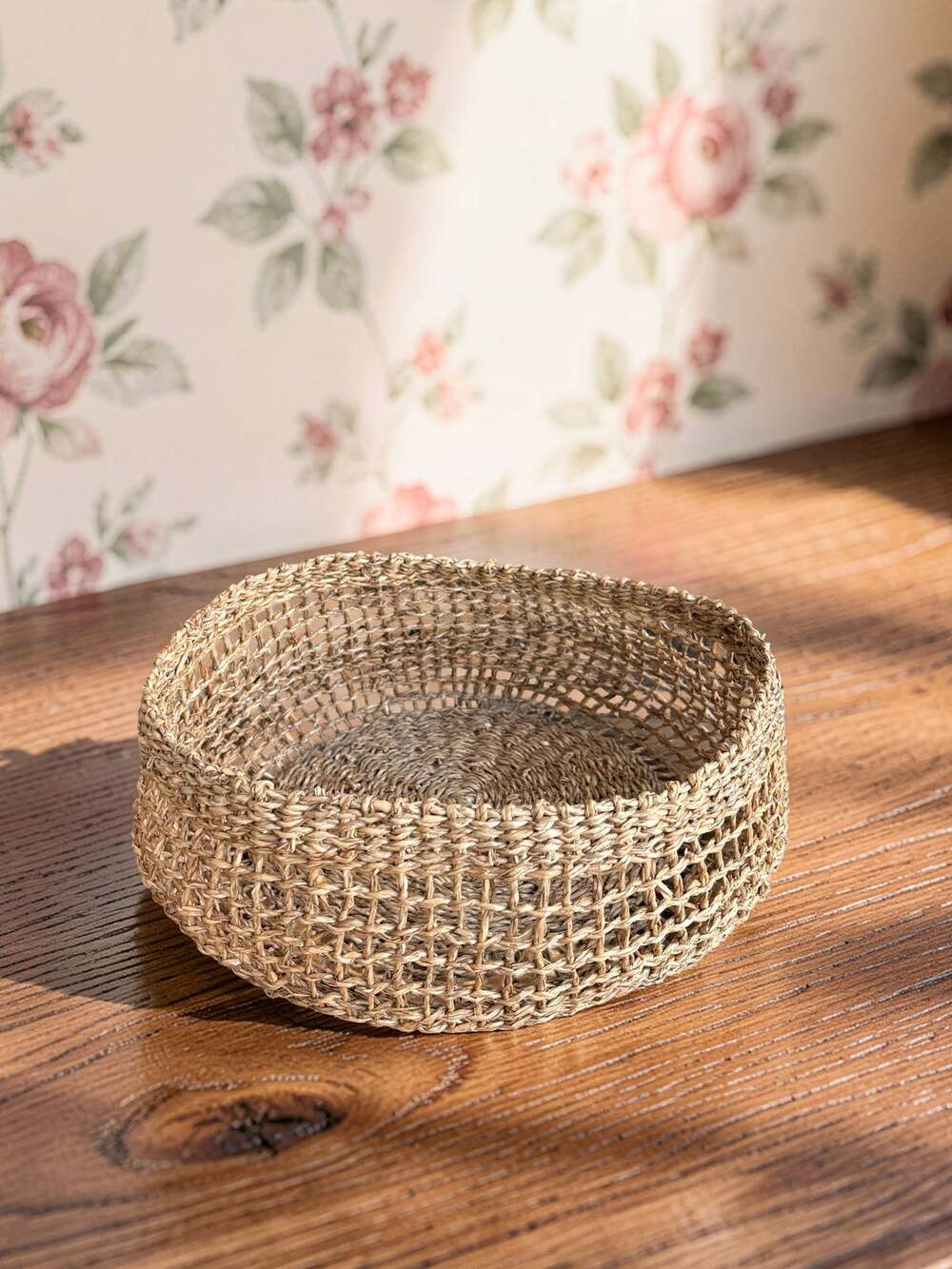 Vintage Woven Seagrass Basket 14" Round Open Weave Cottagecore Storage Decor